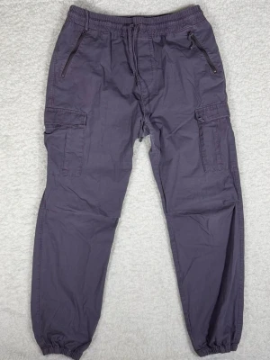 Lila cargopants från Carhartt - Säljer ett par lila cargopants från Carhartt med elastisk midja och snörning. Byxorna har flera fickor, inklusive dragkedjefickor fram och bak, samt klassiska cargofickor på sidorna. Materialet är bomull med ett diskret rutmönster och muddar vid bensluten.