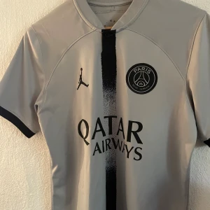 PSG Vitinha 17 matchtröja Jordan - Snygg PSG fotbollströja i ljusgrått med svart tryck, Vitinha 17 på ryggen. Jordan-logga och Paris Saint-Germain-märke på bröstet, samt Qatar Airways sponsor framtill. Kortärmad modell i lätt och ventilerande material.