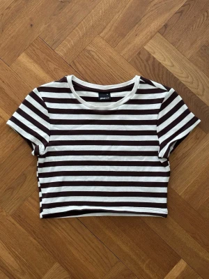 Randig croppad topp  - Säljer en croppad topp från Gina Tricot med bruna och vita ränder. T-shirten har korta ärmar och rund halsringning. Perfekt till jeans eller kjol för en chill look.