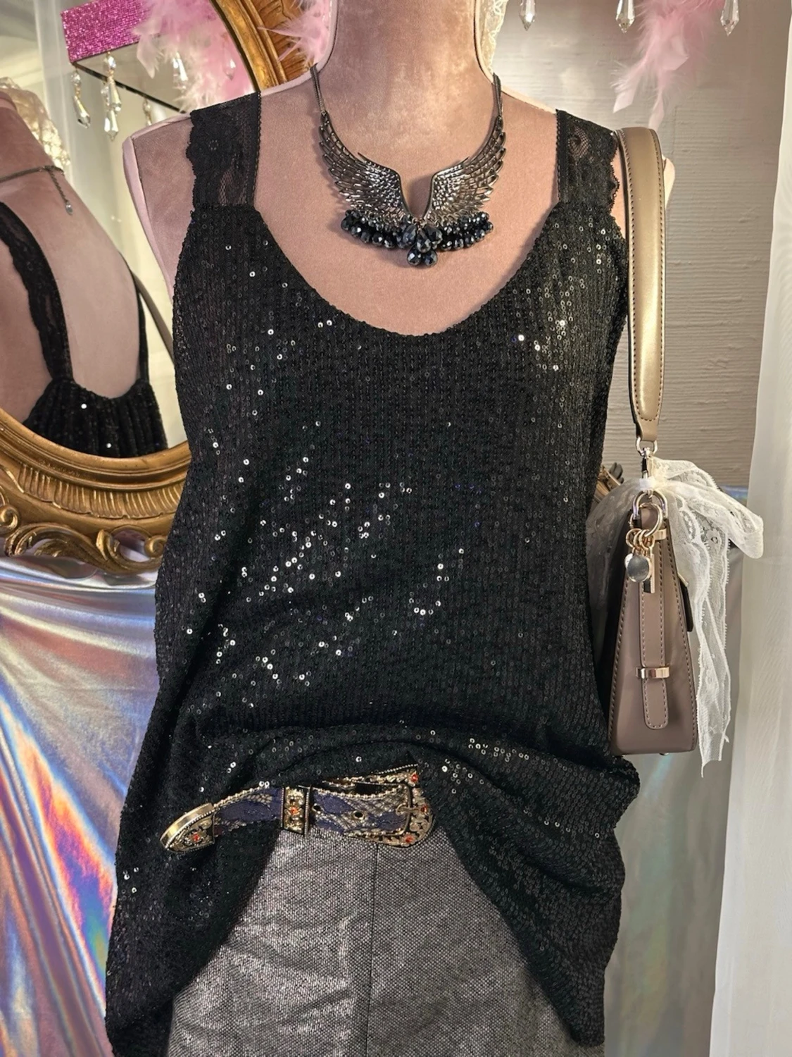 Glittrig svart paljett topp/ klänning med spetsband - 2