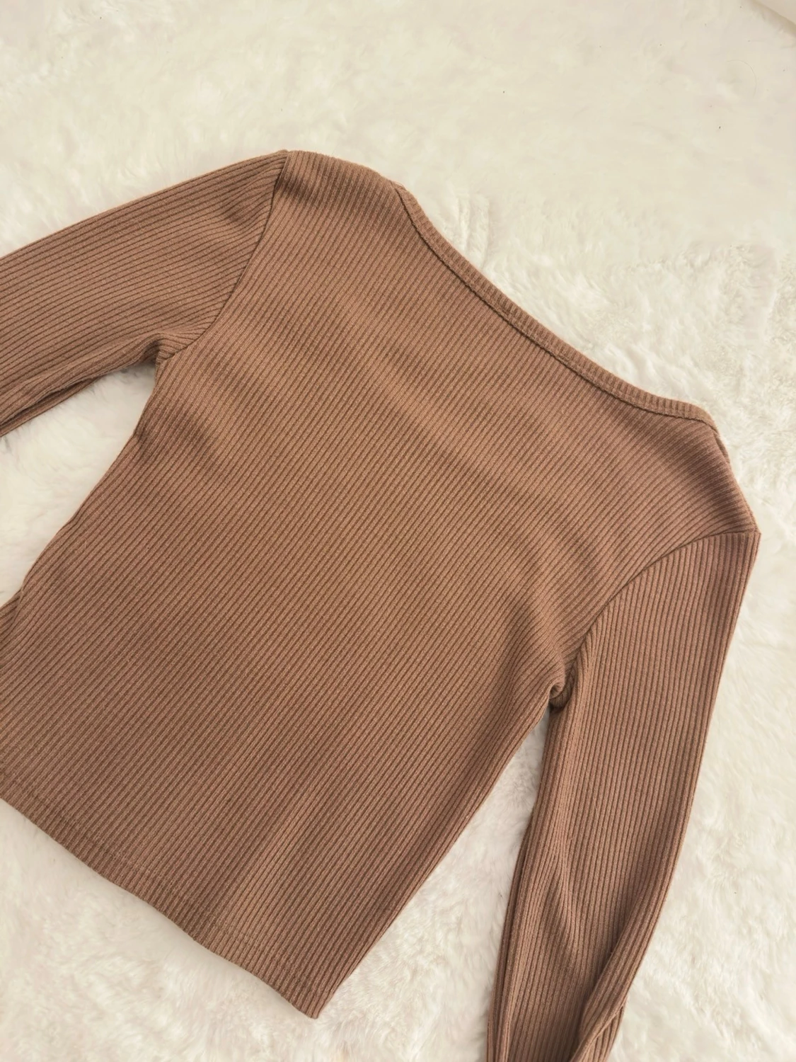 Beige ribbad långärmad topp  - 3