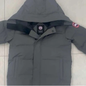 Grå dunjacka från Canada Goose - Säljer en grå dunjacka från Canada Goose med huva och klassisk logga på ärmen. Jackan har raka linjer, stora fickor och stängs med dragkedja och knappar. Perfekt för kalla dagar när du vill hålla värmen och ändå se clean ut.