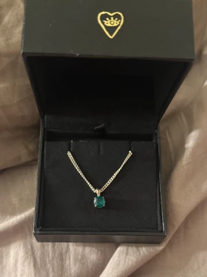 Silverhalsband/kedja med grön berlock - Snyggt halsband i silverfärgad metall med en kedja och ett hängsmycke med rund, grön sten. Kommer i en svart ask med guldfärgat hjärta och öga på locket. Perfekt för dig som gillar stilrena smycken med en färgklick.