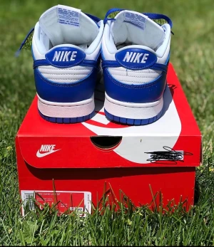 Nike Dunk Low blå och vita sneakers - Nike Dunk Low sneakers i en fräsch blå och vit färgkombination. Skorna har klassisk snörning, rund tå och platt sula. Tillverkade i skinn med tydliga Nike-loggor på sidan och hälen. Perfekt för dig som gillar streetwear och vill sticka ut med snygga sneakers.