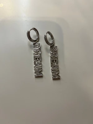 Dream örhängen i silver från LYLA - Säljer ett par snygga örhängen från LYLA i silverfärg med texten DREAM i stora bokstäver. Hela örhänget är täckt av glittriga stenar som ger en lyxig vibe. Hängande modell med rundad ring upptill och rektangulär textdel. Perfekt för att sticka ut och det är aldrig använda!🤍
