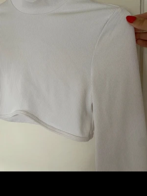 Vit ribbad croppad polotopp - Säljer en vit croppad polotopp med lång ärm och ribbad struktur. Toppen har en hög krage och är figurnära i modellen, perfekt att styla med jeans eller kjol. Materialet känns mjukt och stretchigt, vilket gör den bekväm att bära.