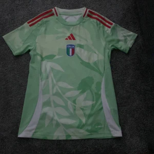 Italien Adidas fotbollströja XS - Fräsch fotbollströja från Adidas i storlek XS, designad för Italiens landslag. Tröjan är ljusgrön med vita detaljer och har röda Adidas-ränder på axlarna. Mönstret är inspirerat av blad och natur. Materialet är lätt och andas, perfekt för träning eller match.