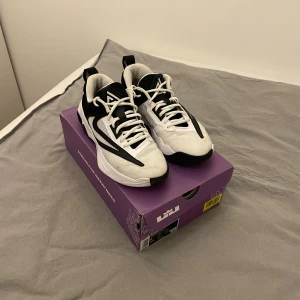 Nike LeBron Witness svartvita sneakers - Nike LeBron Witness sneakers i svart och vitt med coolt grafiskt mönster och snörning. Snygg mesh på ovansidan för bra ventilation och bekväm passform. Platt sula och rund tå, perfekt för dig som gillar sportig stil. Kommer med original lila LeBron-låda.