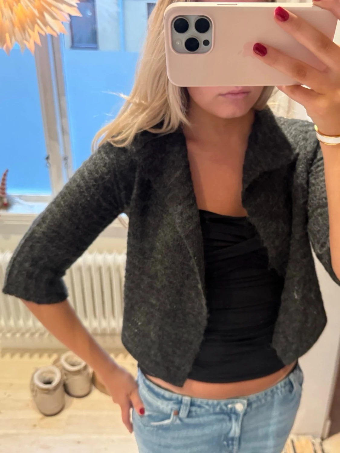 Mörkgrå stickad cardigan jacka - 1