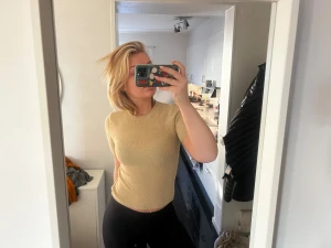 Guld ribbad kortärmad topp - Säljer en guldig ribbad topp med korta ärmar och rund hals. Modellen är slim och sitter snyggt mot kroppen. 