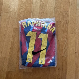 Barcelona Raphinha #11 Nike fotbollströja - Barcelona fotbollströja med Raphinha och nummer 11 på ryggen. Tröjan är kortärmad och har ett randigt mönster i blått och rött med gula detaljer. Officiella klubbmärket, Nike-logga och Spotify-sponsor på bröstet. Tillverkad i lätt polyester som andas.