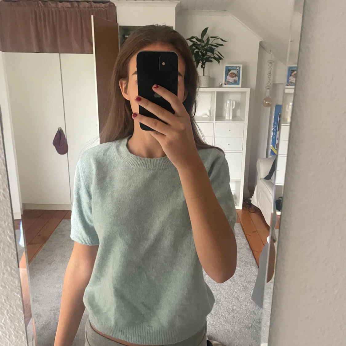 Mintgrön stickad kortärmad tröja