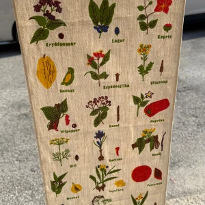 Retro plansch - Unik shoppingväska i beige bomull med färgglatt tryck av olika kryddor och växter. Väskan har ett rektangulärt format och mönstret består av illustrationer i grönt, rött, gult och blått. Perfekt för dig som gillar retrostil och vill sticka ut med en cool accessoar.