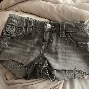 Grå jeansshorts med broderi Gina Tricot - Snygga grå jeansshorts från Gina Tricot med slitna detaljer och rå kant. Flera fickor fram och bak, bakfickorna har broderade mönster i silver och blått. Klassisk knapp och dragkedja framtill, bälteshällor och cool tvättad look.