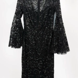 Svart glittrig långklänning med spets - Svart långklänning med glittriga detaljer och transparent spets över hela klänningen. Ärmarna är långa och utsvängda med vackert mönstrad mesh. Djup v-ringning framtill och figurnära passform. Perfekt för dig som vill sticka ut med en elegant och glamorös look.