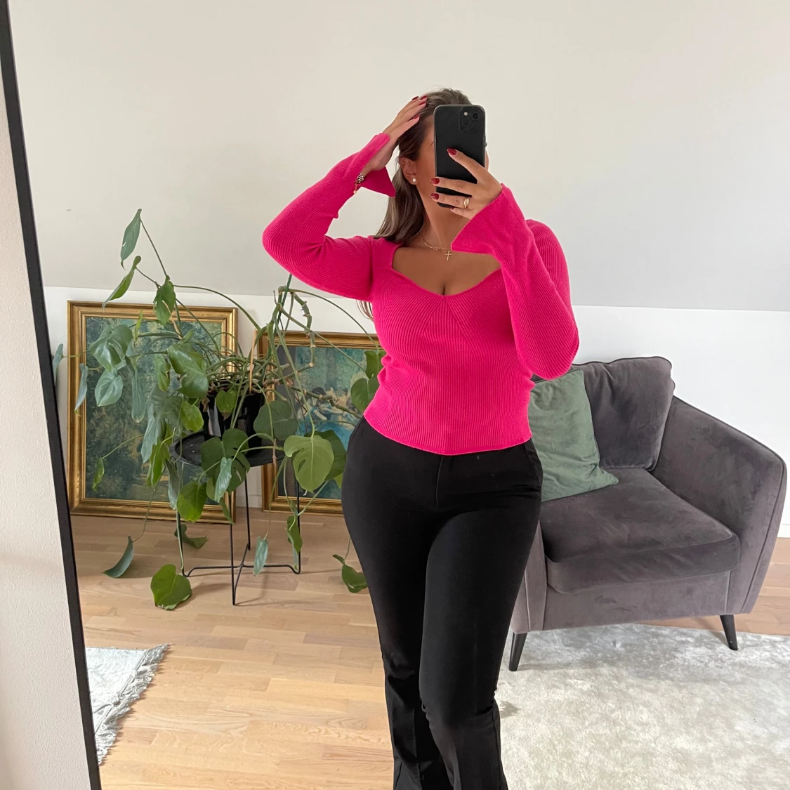 Ribbad rosa långärmad topp