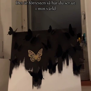 Tavla med 3D fjärilar 🦋  - Gör en intressekoll på min tavla med svarta 3D fjärilar och en gyllene fjäril på svartvit bakgrund.🦋 Jag har gjort den själv men har inte riktigt någonstans att hänga den💗Kommer sätta ett ”grund pris” på 300kr men om fler är intresserade kommer tavlan säljas till högsta bud🫶🏼 Köparen står för frakten! Har du några frågor är det bara att höra av sig🥰