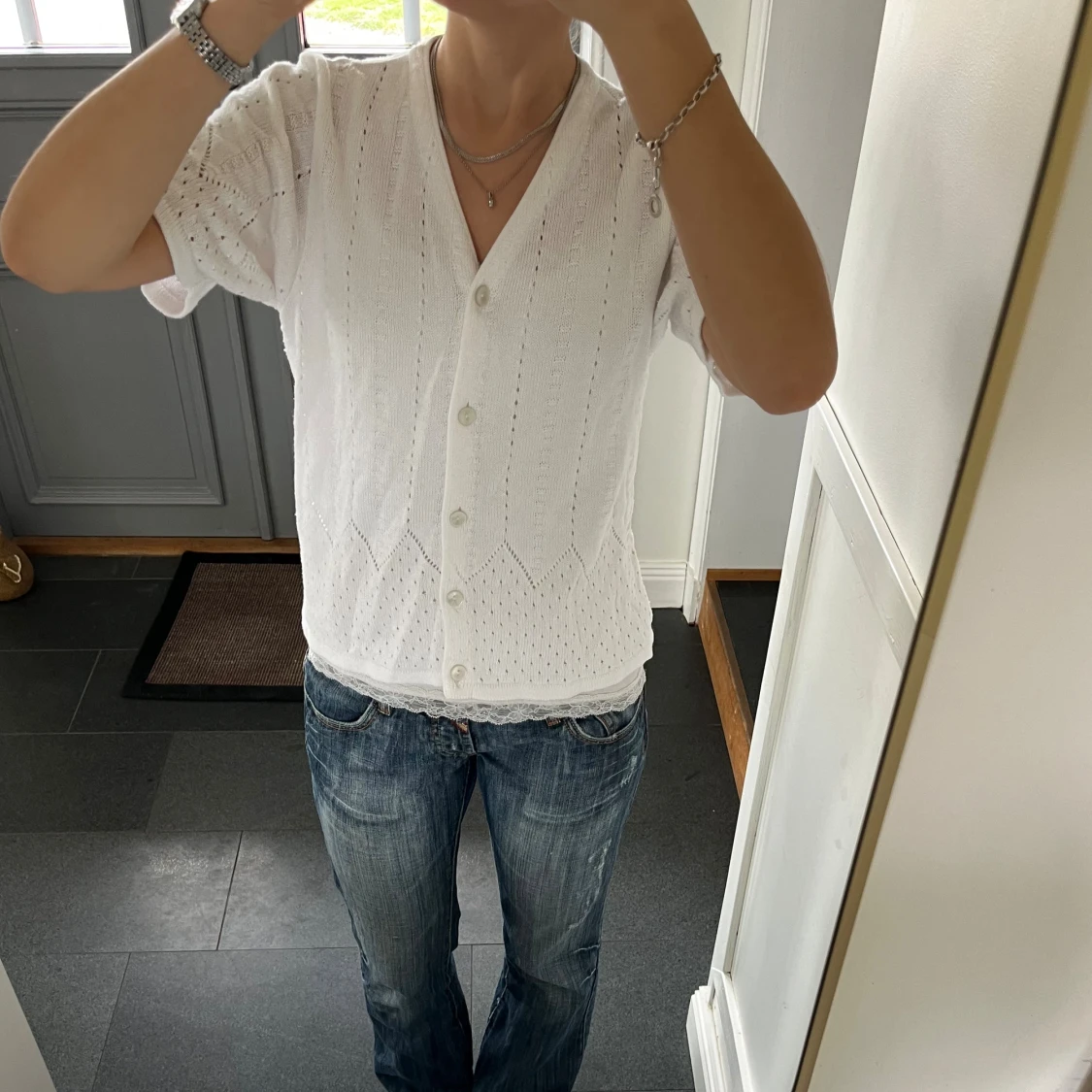 Vit stickad kofta  - 2