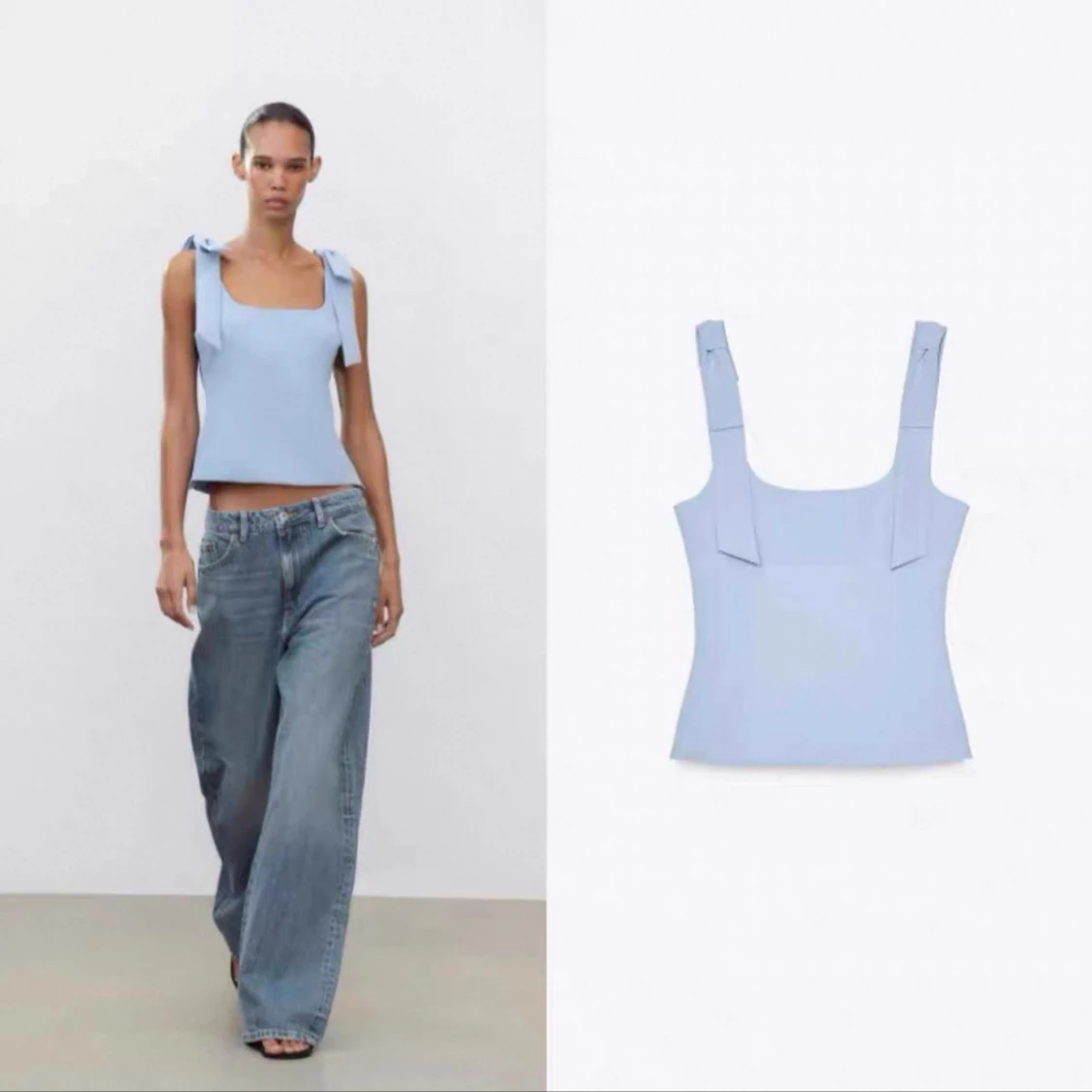 Ljusblå linnetopp med knytband