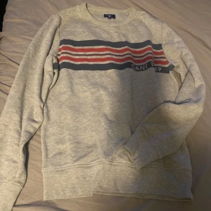 Grå sweatshirt från GANT med ränder - Säljer en grå sweatshirt från GANT i storlek S. Tröjan har ett klassiskt tryck med blå och röda ränder över bröstet och GANT-logga. Mjuk och skön med rund hals och långa ärmar, perfekt för en chill och stilren look.