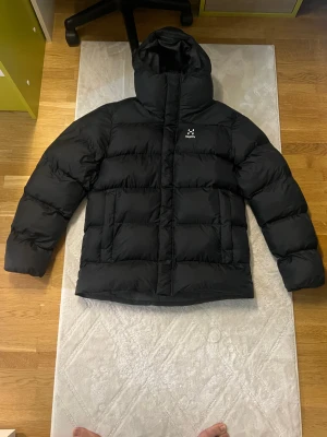Svart dunjacka Haglöfs med huva - Säljer en svart dunjacka från Haglöfs i storlek L. Jackan har en rejäl huva, breda quiltade paneler och dragkedja framtill. Perfekt för kalla dagar och har en clean look med diskret logga på bröstet och bak. Materialet är syntet och dun.