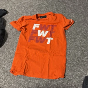 Orange t-shirt Peak Performance S - Snygg orange t-shirt från Peak Performance i bomull. Framsidan har trycket 'FWT' i olika färger och bakstycket är helt enfärgat. Ni står för frakten!