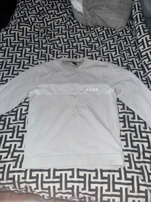 Ljusgrå långärmad tröja från BOSS - Säljer en stilren ljusgrå långärmad tröja från BOSS med rund halsringning och diskret logga på bröstet. Tröjan är tillverkad i mjukt material och har en enkel, clean design som passar perfekt till jeans eller chinos.