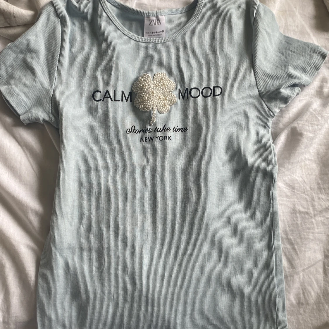 Ljusblå ribbad t-shirt från Zara