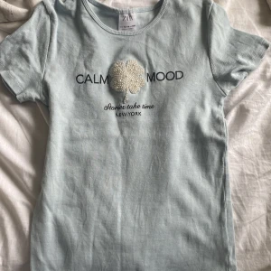 Ljusblå ribbad t-shirt från Zara - Ljusblå ribbad t-shirt från Zara med korta ärmar och rund hals. Framsidan har texten 'CALM MOOD' och 'Stories take time NEW YORK' samt en cool fyrklöver i pärlor som detalj. Perfekt för dig som gillar chill vibes och snygga detaljer.