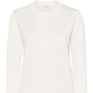 Vit stickad tröja från Saint Tropez - En stilren vit stickad tröja från Saint Tropez i storlek S. Tröjan har rund halsringning, långa ärmar och ribbade muddar vid ärmslut och nederkant. Perfekt för lager-på-lager och enkel att matcha med allt.