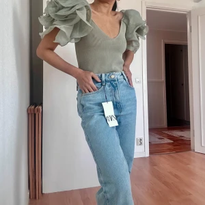 Grön organza puffärmar top från Zara - Superunik ljusgrön topp från Zara med stora puffiga ärmar i transparent tyg och ribbad croppad kropp. V-ringad och riktigt snygg till både jeans och kjol. Perfekt för dig som vill sticka ut med coola detaljer och trendig look.
