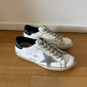 Golden Goose vita sneakers - Golden Goose sneakers i vitt skinn med grå mockadetaljer och ikonisk stjärna på sidan. Svart hälparti med ormskinnsmönster och logga. Grå snörning och platt sula. Skorna är endast testade