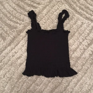 Svart volangtop från Boohoo - Supersöt svart topp från Boohoo med smockad kropp och breda axelband med volangdetaljer. Toppen har även volangkant nertill för en extra feminin touch. Perfekt att styla med jeans eller kjol för en trendig look.