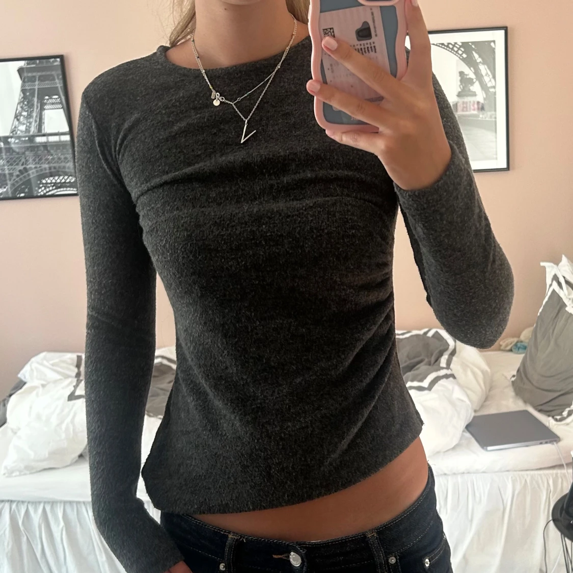 Mörkgrå långärmad stickad tröja - 2