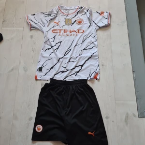 Manchester City ställ - Svarta Manchester City shorts och tröja från Puma med Pumas logga och klubbmärke på ena benet. Klassisk sportig look med super elastisk midja och lätt, glansigt material som passar perfekt till fotbollsträning eller match. 