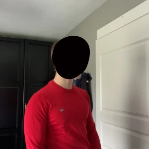 Röd tröja från Gant - Säljer en klassisk röd tröja från Gant med rund halsringning och diskret broderad logga på bröstet. Tröjan har långa ärmar och ribbade muddar vid ärmslut och nederkant. Perfekt för en stilren och enkel look.