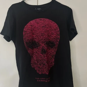 Svart t-shirt - En snygg svart T-shirt med en röd döskalle på. Har några stenar på trycket men några har fallit av, men inget man ser sådär jätte tydligt tycker jag! Vill man ha bild så är det bara att skriva!
