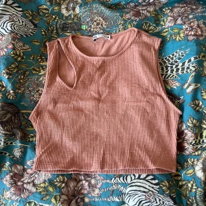 Rosa ribbad croptop från Zara - Säljer en croppad, ärmlös linnetopp från VILA i en mjuk, ljusrosa nyans. Toppen har ribbad struktur och rund halsringning med cutout vid axeln, perfekt för en chill och trendig look. Passar snyggt till både jeans och kjol.