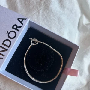 Silverarmband från Pandora - Snyggt silverfärgat armband från Pandora med klassisk ormkedja och ett stilrent T-bar lås. Deras berlock armband. Kommer i original ask med rosa band.