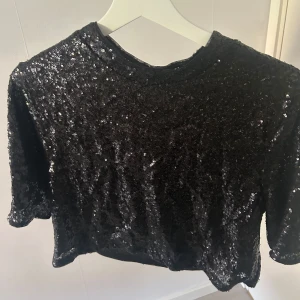Svart glittrig croppad topp - Säljer en svart glittrig croppad topp med paljetter. Perfekt för dig som vill sticka ut lite extra! Toppen har korta ärmar och rund halsringning.💗