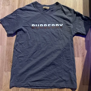 Mörkgrå t-shirt från Burberry - Snygg mörkgrå t-shirt från Burberry med klassisk logga tryckt i vitt och brunt på bröstet. T-shirten har rund halsringning och korta ärmar. Perfekt för en stilren och avslappnad look.