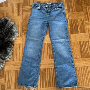 Blå jeans från Denim Rebel, strl 40 - Säljer ett par klassiska blå jeans från Denim Rebel i modell Lassie. Jeansen har raka ben, normal midja och råa, fransiga benslut för en cool vibe. Materialet är 99% bomull och 1% elastan för lite stretch. Perfekta till sneakers eller boots.