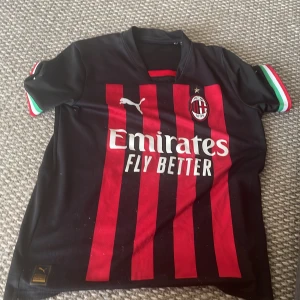 AC Milan matchtröja Puma svart/röd - AC Milan fotbollströja från Puma med klassiska svarta och röda ränder, klubbmärke och sponsortryck på bröstet. Korta ärmar med italienska flaggans färger på muddarna. Tillverkad i lätt och ventilerande material, perfekt för match eller träning.