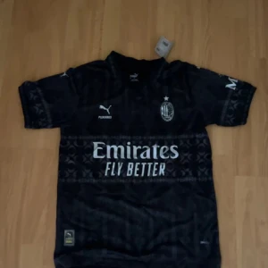  svart fotbollströja - AC Milan fotbollströja i svart från Puma med korta ärmar. Tröjan har diskret mönster, klubbmärke och sponsortryck på bröstet samt loggor på ärmarna. Materialet är lätt och andas, perfekt för träning eller match. Snygg och modern design med klassiska detaljer.