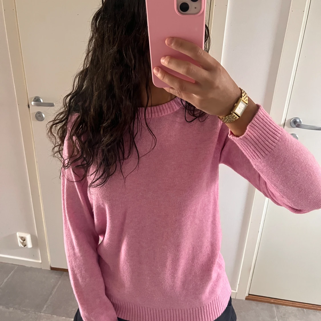 Rosa stickad tröja med rund hals - 1