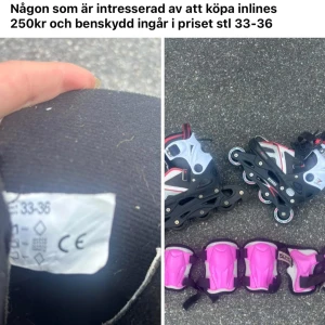 Svarta och röda inlines stl 33-36 - Säljer ett par svarta och röda inlines med vita detaljer. Medföljer rosa benskydd. Perfekt för dig som vill rulla fram i parken eller på gatan. Justerbar storlek mellan 33-36. Snygg och sportig design.