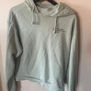 Ljusgrön hoodie och byxor med citat - Snygga ljusgröna mjukisset med tryckt citat på benet: 'May the flowers remind us why the rain was so necessary.' Byxorna och hoodie är storlek L och säljs tillsammans. 60kr +frakt 