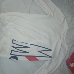 Vit tröja från Moncler - Säljer en stilren vit tröja från Moncler med ett stort grafiskt tryck i blått och rött på framsidan. Tröjan har långa ärmar och en rund halsringning. Perfekt för en avslappnad och trendig look.