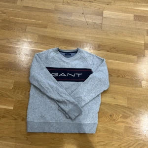 Grå sweatshirt från GANT - Säljer en stilren grå sweatshirt från GANT med ett stort tryck över bröstet. Tröjan har långa ärmar och en rund halsringning. Perfekt för en avslappnad stil.