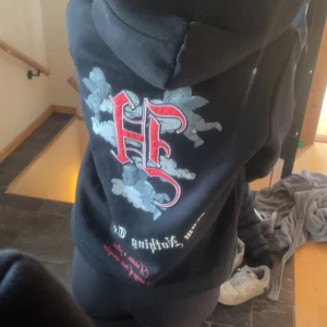 Svart hoodie från Hoodrich med print - Svart hoodie från Hoodrich i storlek XS med stor röd och vit logga samt ängel-print både fram och bak. Tröjan har huva och magficka, coola detaljer som ficka på inre vänstra arm. Passar perfekt för båda könen.